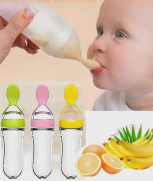 Baby Fles met Lepel - Siliconen Knijpfles voor Babyvoeding en Rijstpap