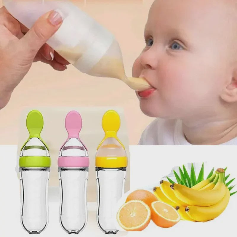 Baby Fles met Lepel - Siliconen Knijpfles voor Babyvoeding en Rijstpap