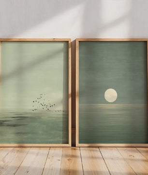 Set van 2 Abstracte Canvas Posters - Japanse Stijl, Sage Groen, Minimalistisch Maan & Vogels