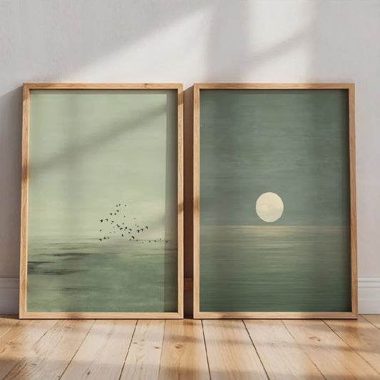 Set van 2 Abstracte Canvas Posters - Japanse Stijl, Sage Groen, Minimalistisch Maan & Vogels