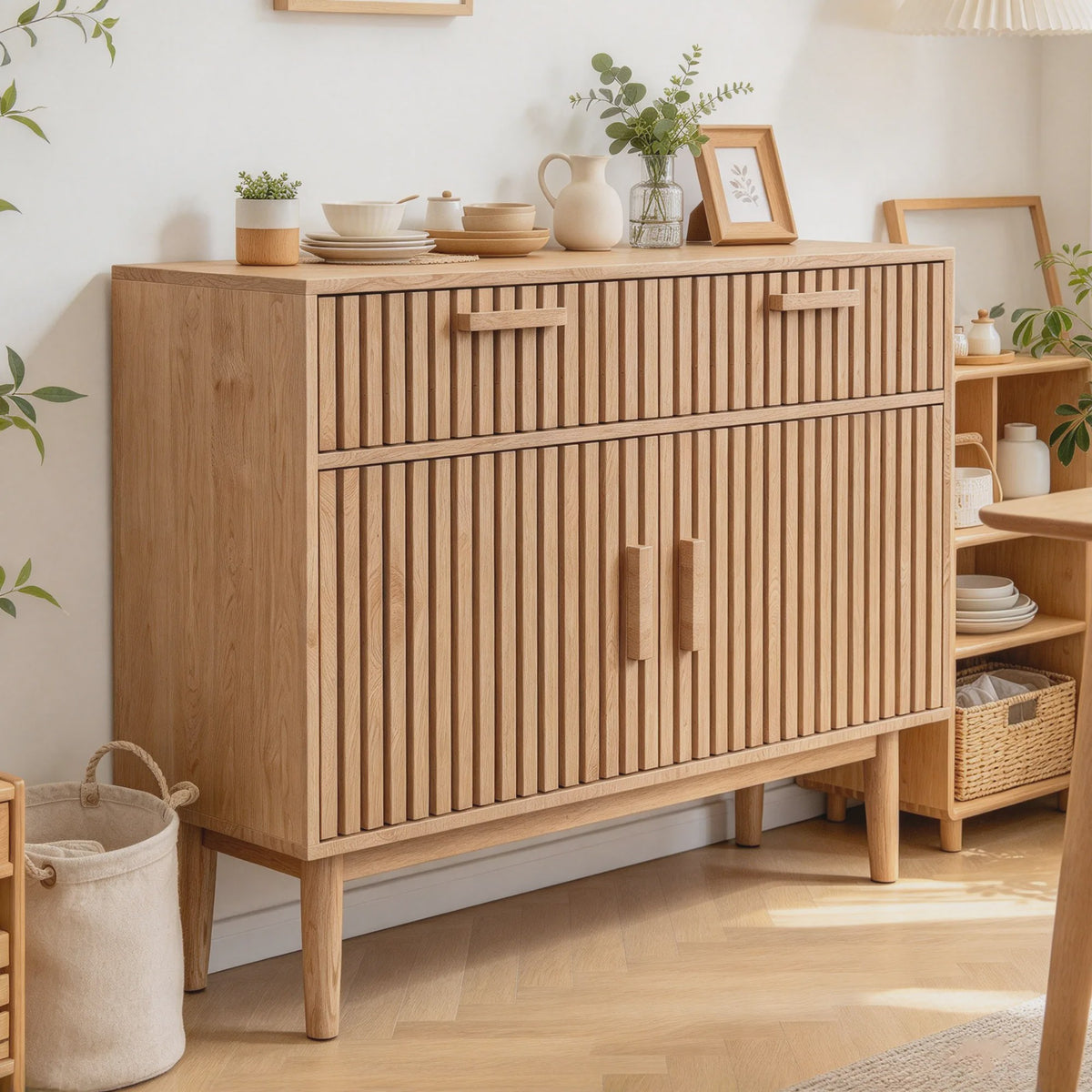 Simurq Sideboard / Buffetkast 100x35x80cm - 2 Lades, 2 Deuren, Massief Houten Poten & Lamellenpanelen