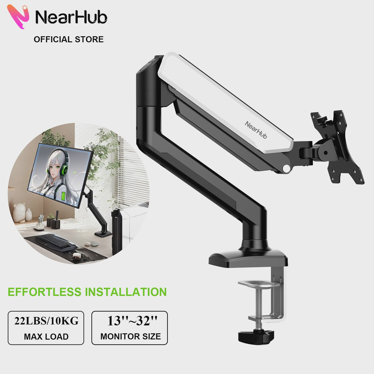 Nearhub Monitor Arm: Volledig Verstelbare Bureau Mount met 360° Rotatie & 180° Zwenkfunctie