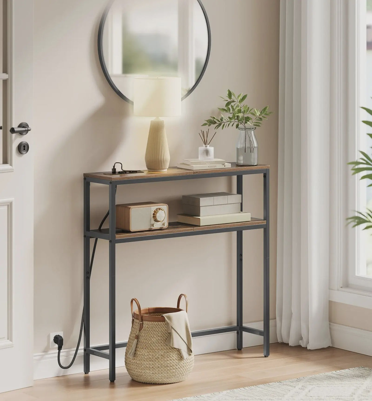VASAGLE Console Tafel met 2 Planken & Laadstation - 80x20x80 cm - Hal & Woonkamer