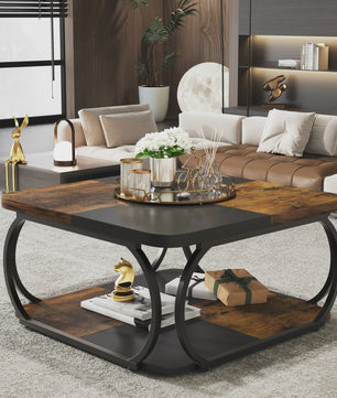 Industriële Salontafel met 2 Niveaus - 100 cm Vierkant - Metaal & Hout-look