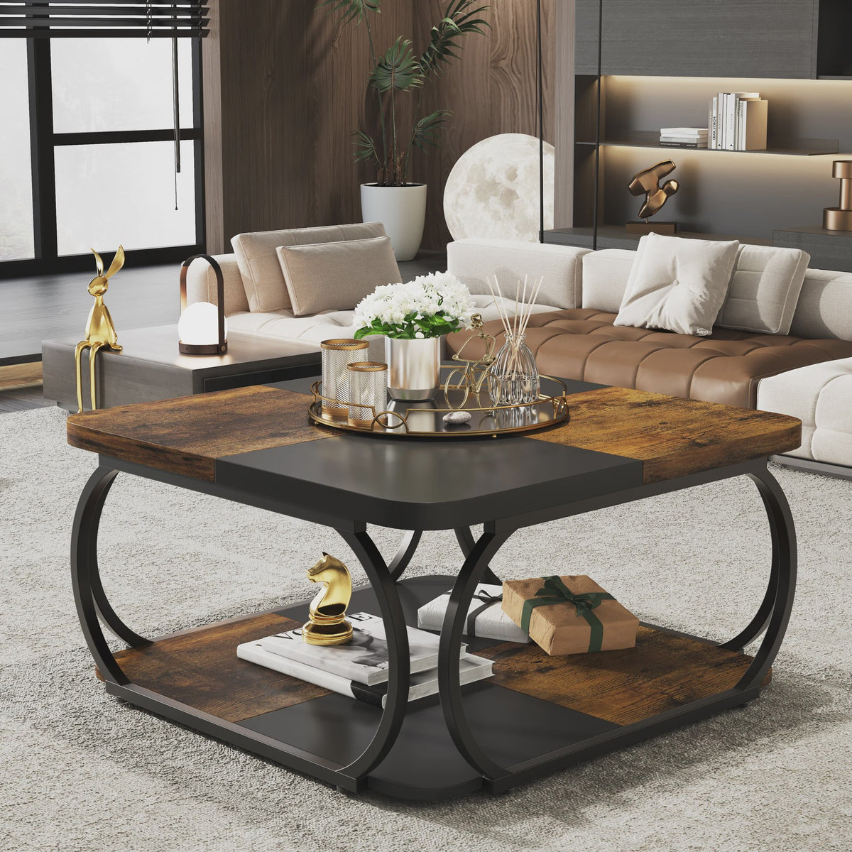 Industriële Salontafel met 2 Niveaus - 100 cm Vierkant - Metaal & Hout-look