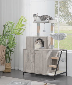 Moderne 4-in-1 Kattenboom met Kattenbakmeubel, Groot Platform, Trapjes en Pompom