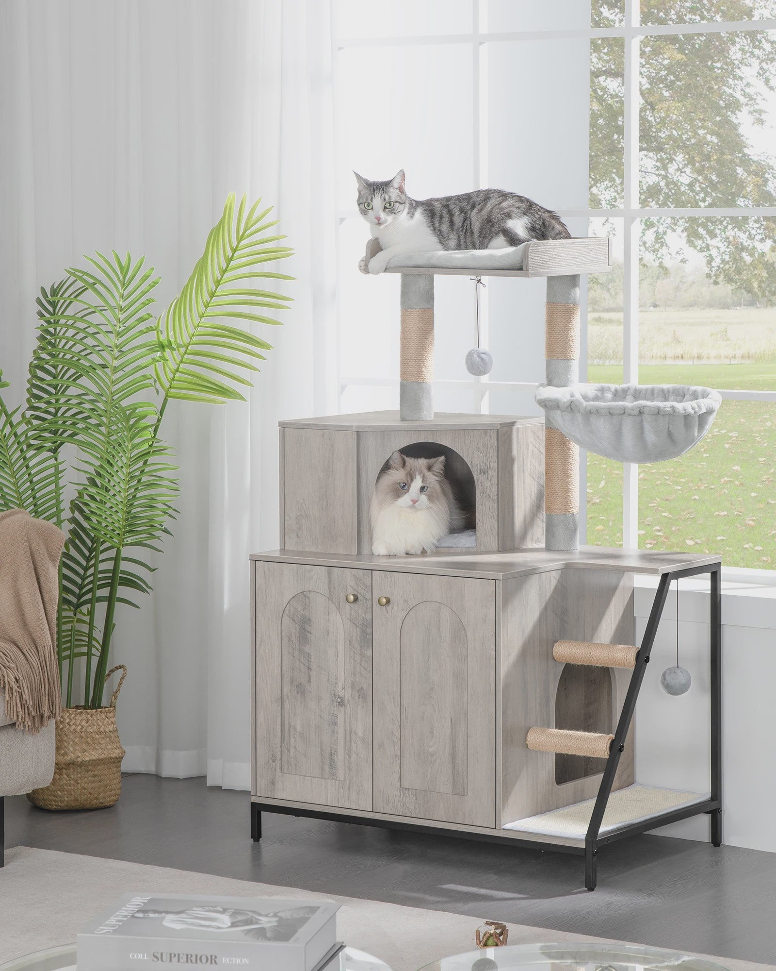 Moderne 4-in-1 Kattenboom met Kattenbakmeubel, Groot Platform, Trapjes en Pompom