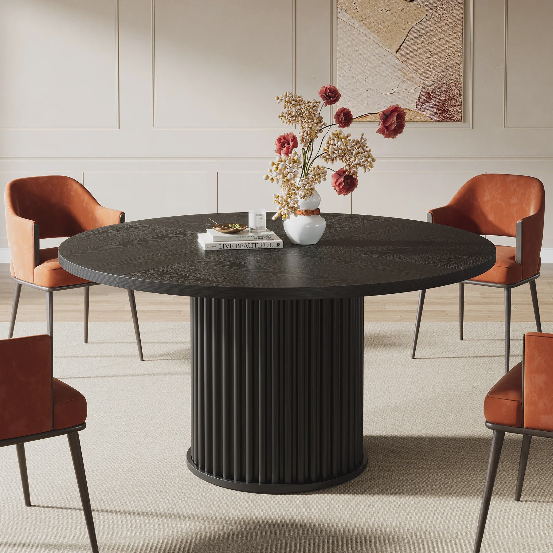 Zwarte Ronde Eettafel voor 4-6 Personen - 120 cm - Met Stijlvolle Gefineerde MDF & Metalen Onderstel