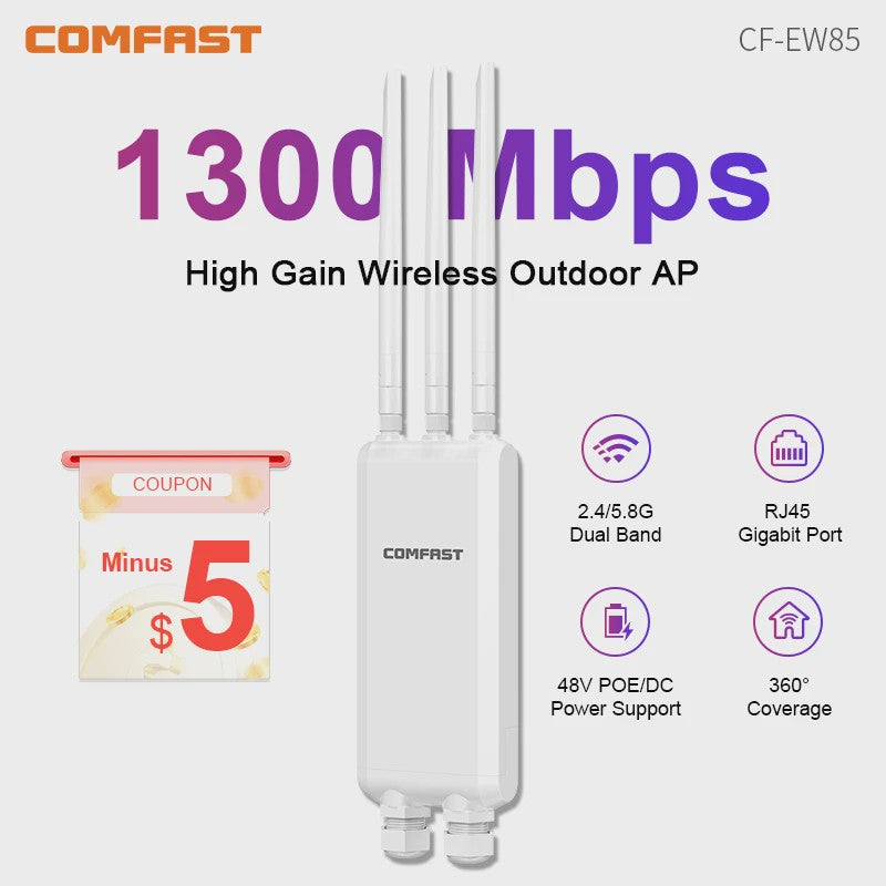 Comfast 1300Mbps Outdoor WiFi Access Point - Gigabit, Dual-Band 2.4/5.8GHz, Lange Afstand