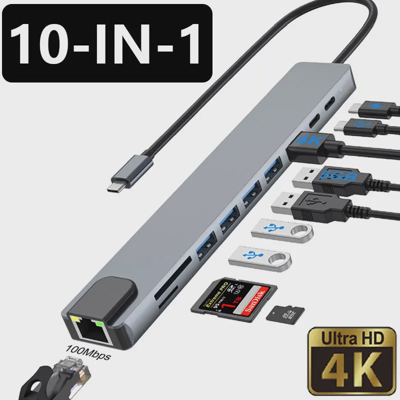 10-in-1 USB-C Hub: 4K HDTV, 100W PD, Ethernet, USB 3.0/2.0, SD/TF Kaartlezer