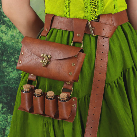 Middeleeuwse Lederen Riem met Flesjeshouder en Portemonnee - Cosplay & LARP Accessoire