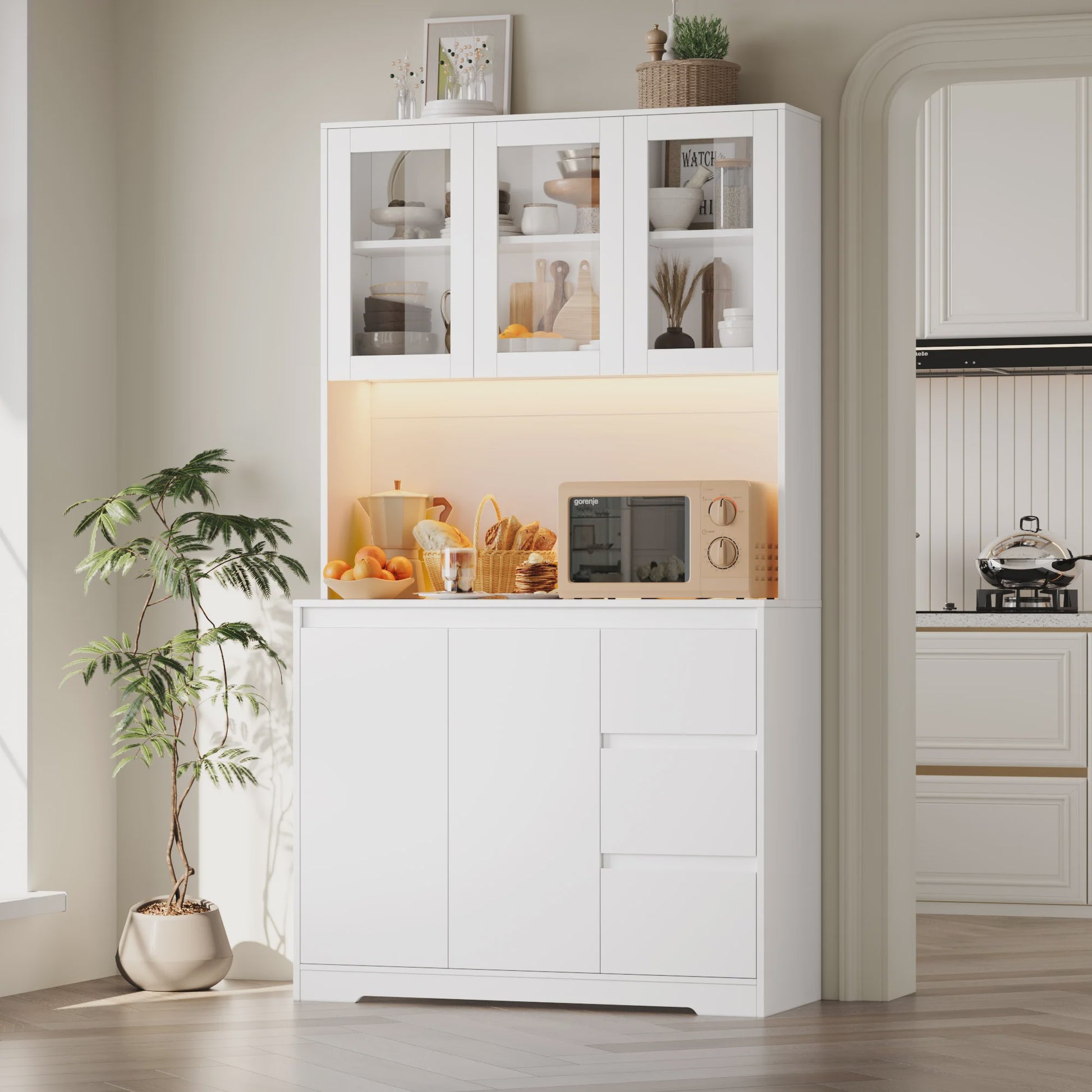 Keuken Buffetkast met LED Verlichting, 3 Lades en Stopcontacten - 100x38.5x180cm