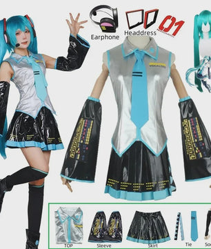 Compleet Miku Cosplay Kostuum: Zilverkleurig Leer & Zeemansjurk Uniform met Accessoires