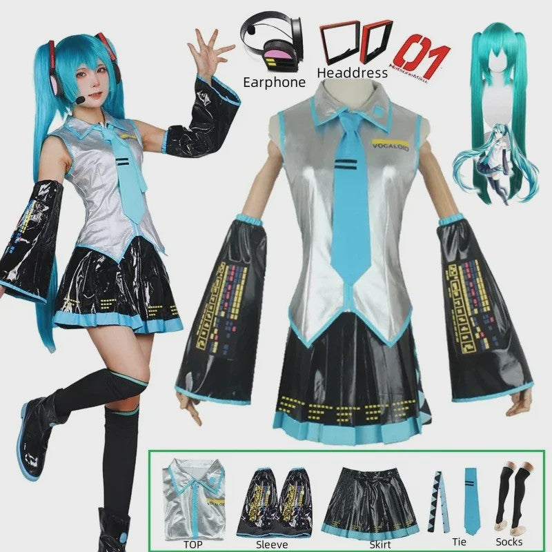 Compleet Miku Cosplay Kostuum: Zilverkleurig Leer & Zeemansjurk Uniform met Accessoires