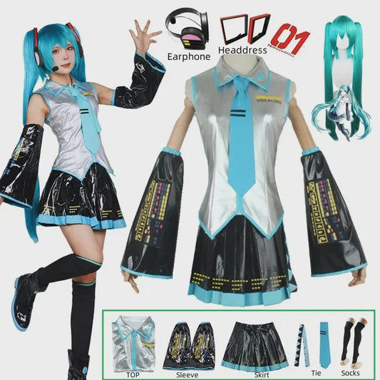Compleet Miku Cosplay Kostuum: Zilverkleurig Leer & Zeemansjurk Uniform met Accessoires