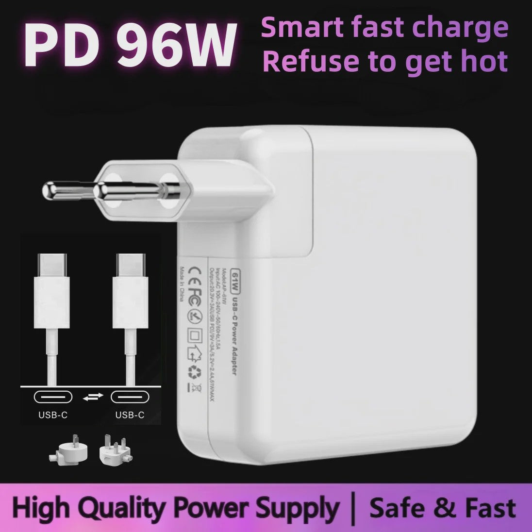 96W USB-C Snellader Adapter voor MacBook Pro/Air M1 M2 - PD Fast Charger