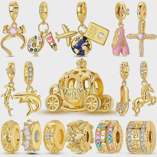 925 Sterling Zilveren Bedel: Gouden Strik met Roze Hart & Kruis met Oog van Horus