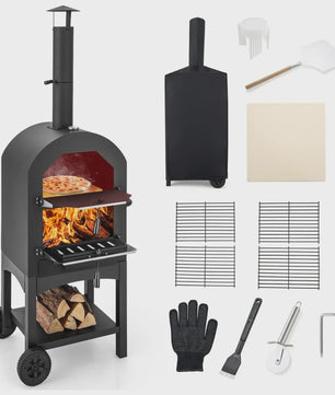 Houtgestookte Buiten Pizzaoven met Ingebouwde Thermometer, Aslade en Waterdichte Hoes