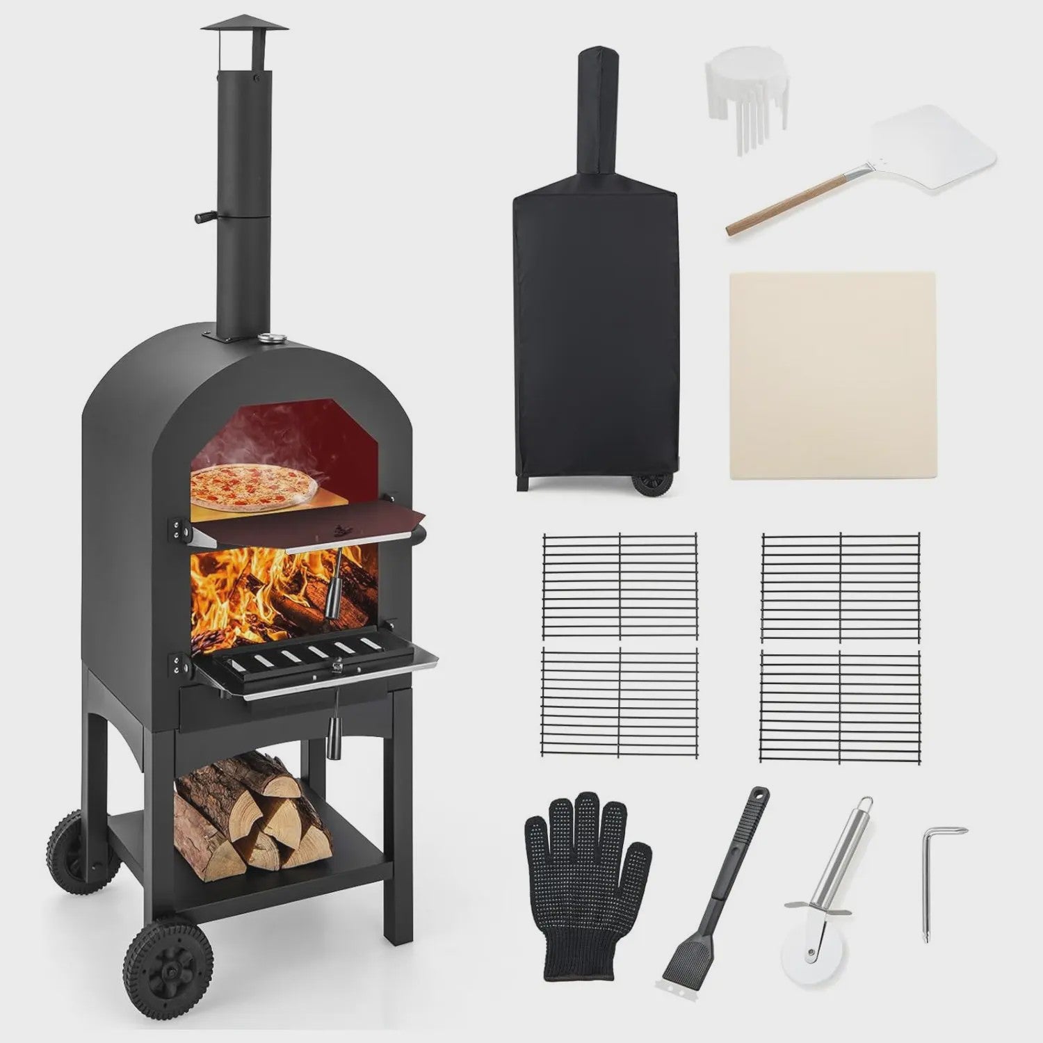 Houtgestookte Buiten Pizzaoven met Ingebouwde Thermometer, Aslade en Waterdichte Hoes
