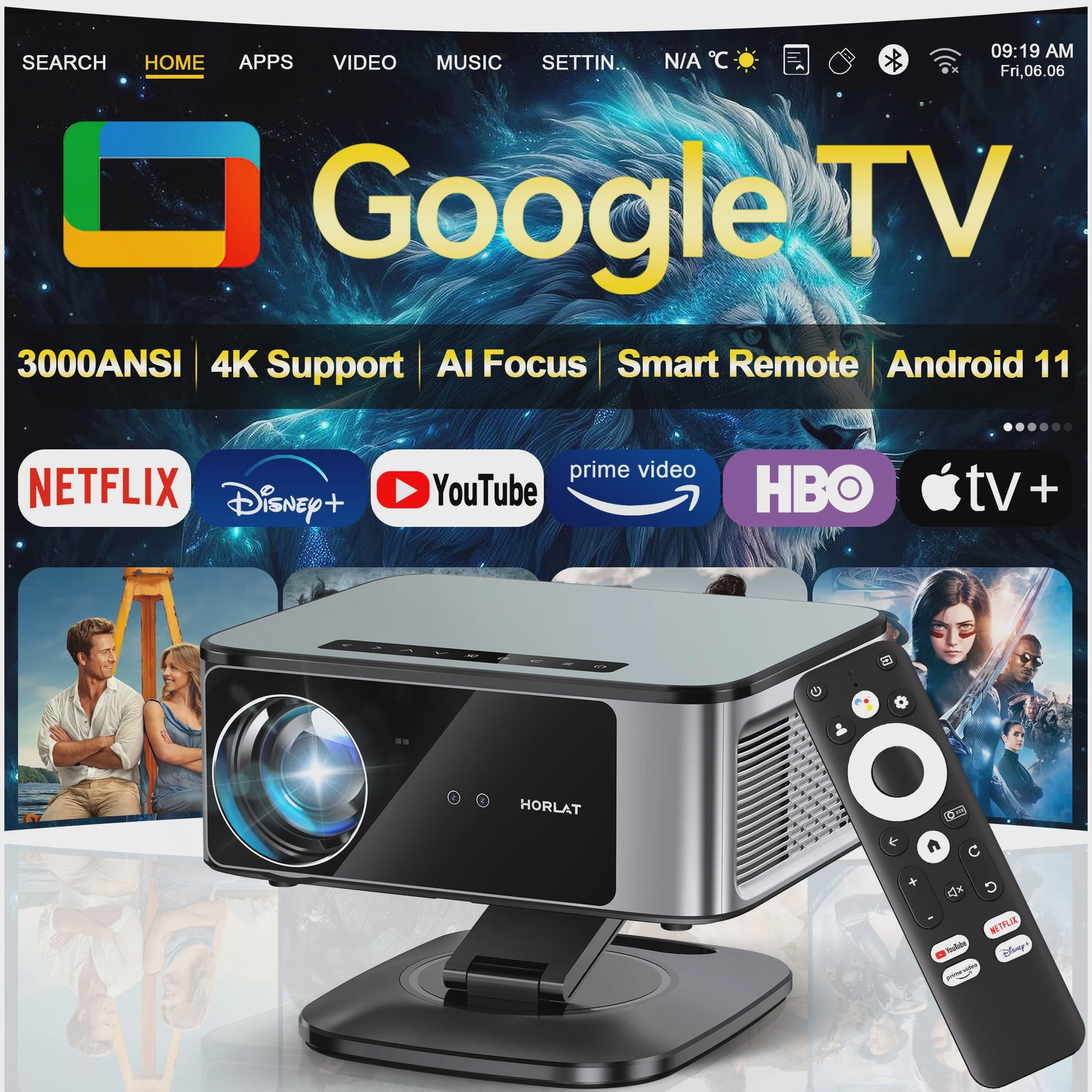 HORLAT 4K UHD Laser Projector: 45000 Lumens, WiFi 6, Android 11, TOF Focus voor Home Theater