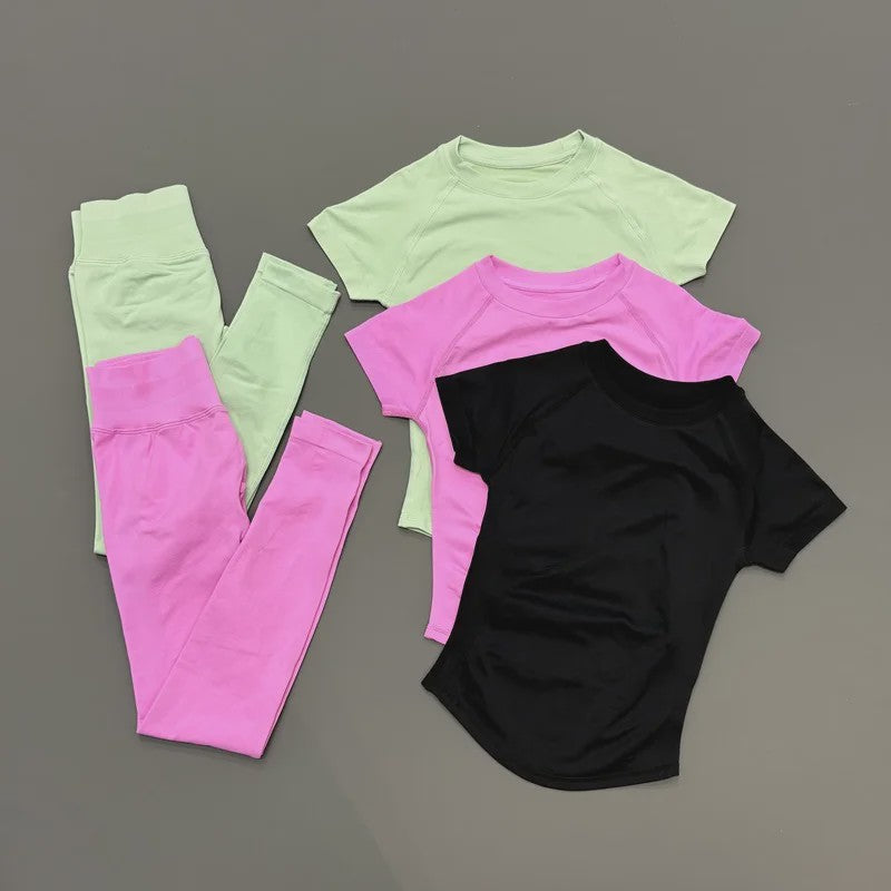 Naadloze Yoga Set Dames: Short Sleeve Top & Hoge Taille Legging - Sneldrogend Sportkleding Pak