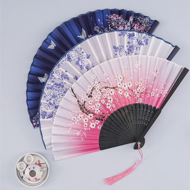 Vintage Zijden Vouwbare Handwaaier - Chinees/Japans Bamboe, Perfect voor Dans & Decoratie