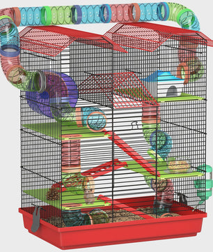 Grote Hamsterkooi met Tunnel, Loopwiel en Voerbak - 47x30x59 cm Rood