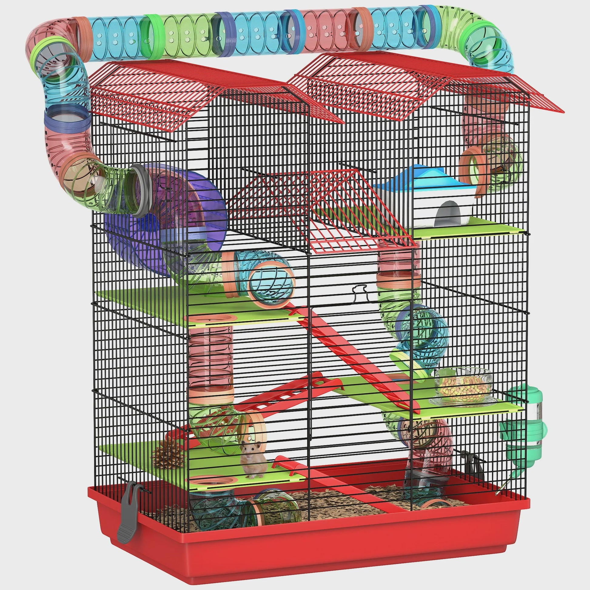 Grote Hamsterkooi met Tunnel, Loopwiel en Voerbak - 47x30x59 cm Rood