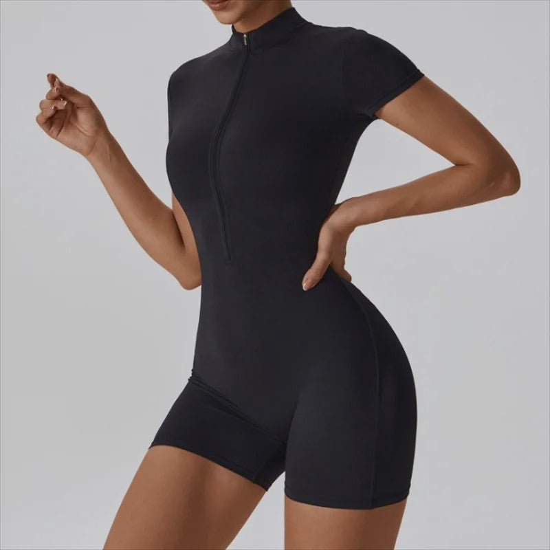 Dames Yoga Jumpsuit met Halve Rits en Opstaande Kraag - Korte Mouwen