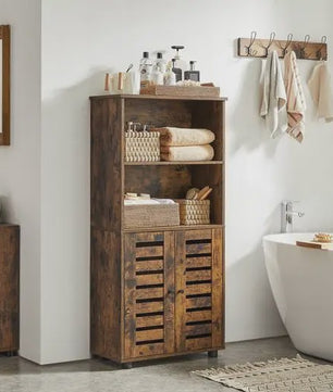 VASAGLE Hoge Kast met Slat Deuren - Boekenkast en Opbergkast in Rustiek Houtdesign