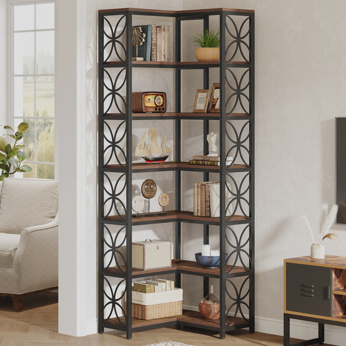 L-Vormige Hoek Boekenkast 7-Laags - 79 Inch Hout & Metaal - Vrijstaand
