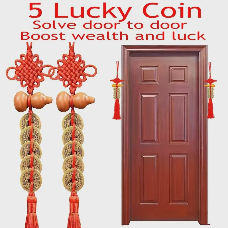 Chinese Feng Shui Munt Hanger met Vijf Keizers Munten en Kalebas - Geluk & Welvaart
