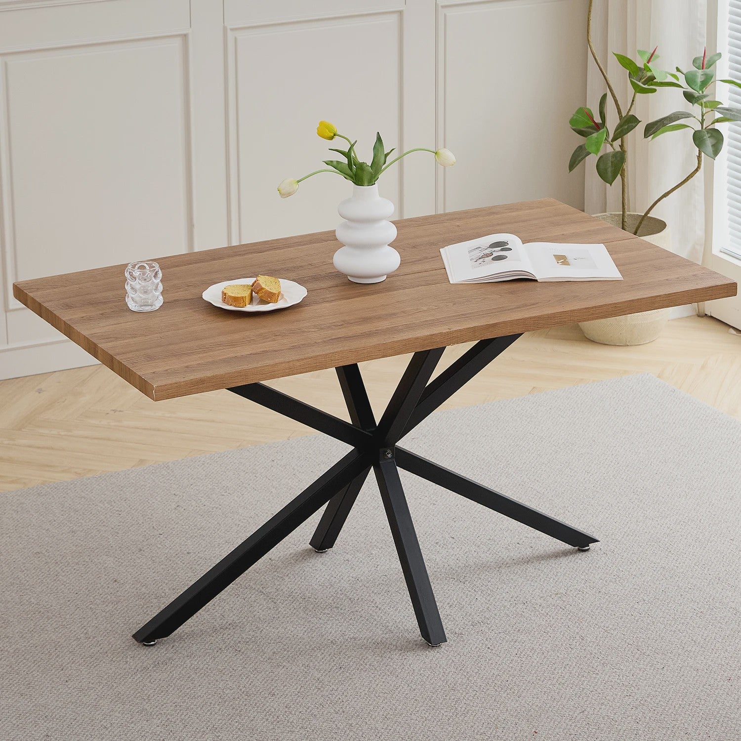 Moderne Rechthoekige Eettafel 140x80cm met Zwart Metalen Onderstel - Geschikt voor 4-6 Personen
