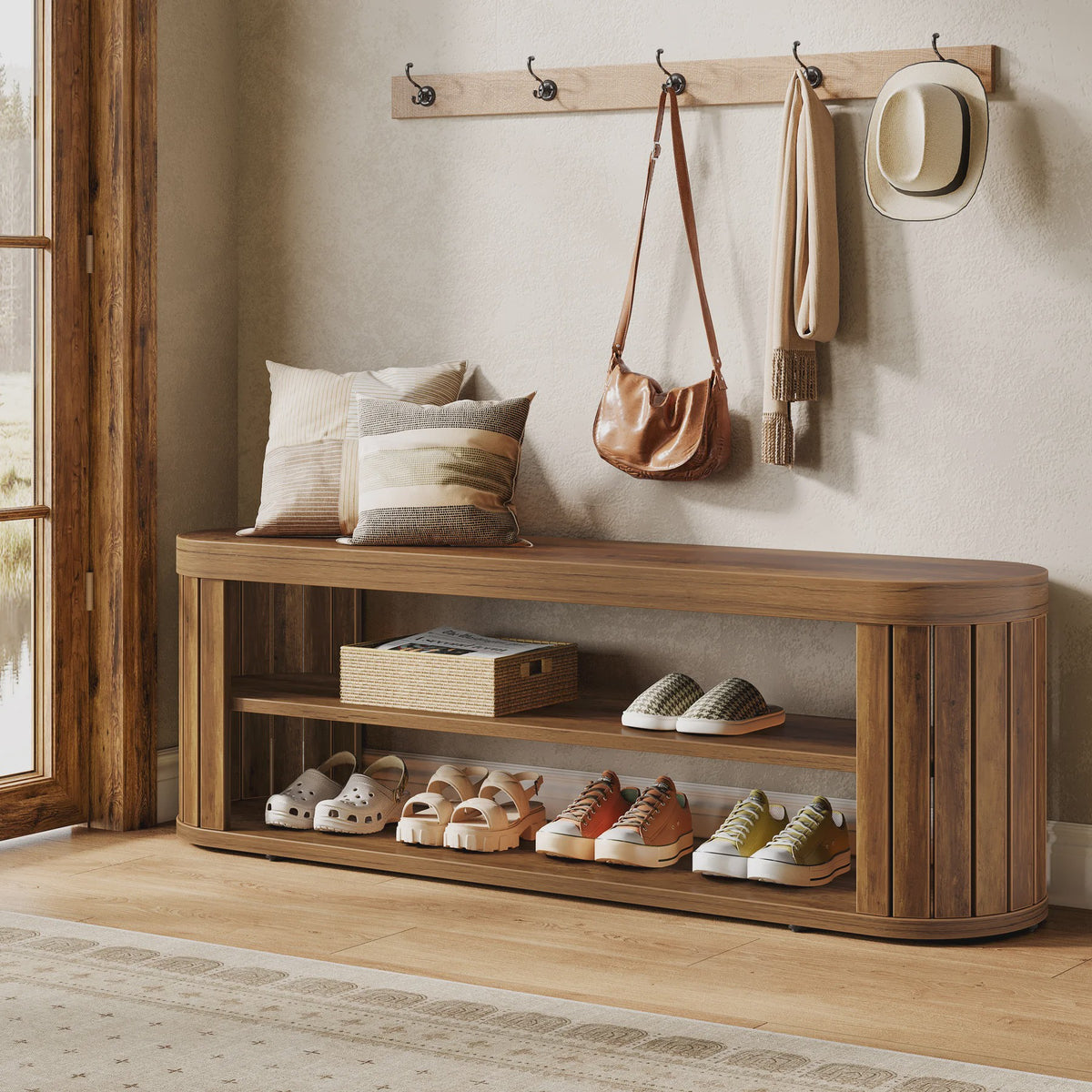 Houten Entree Bank met Schoenopslag - 47.2" - Farmhouse Stijl - Verstelbare Voetjes