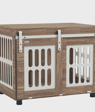 PawHut Houten Hondenkennel met Schuifdeur - Stijlvolle Hondenmand & Bijzettafel voor Middelgrote Honden - Goede Ventilatie