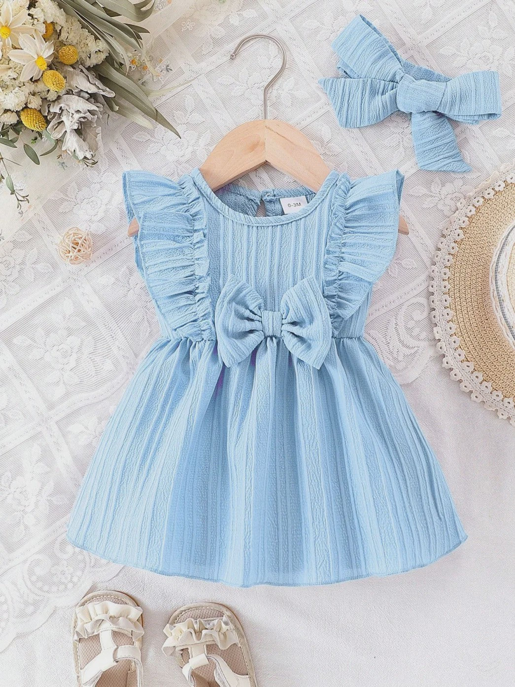 Schattige Zomerjurk Blauw voor Baby Meisjes met Ruches en Strik - 0-3 Jaar