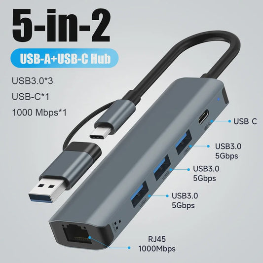 USB-C Hub met Gigabit Ethernet & 3x USB 3.0 Poorten - Aluminium Docking Station