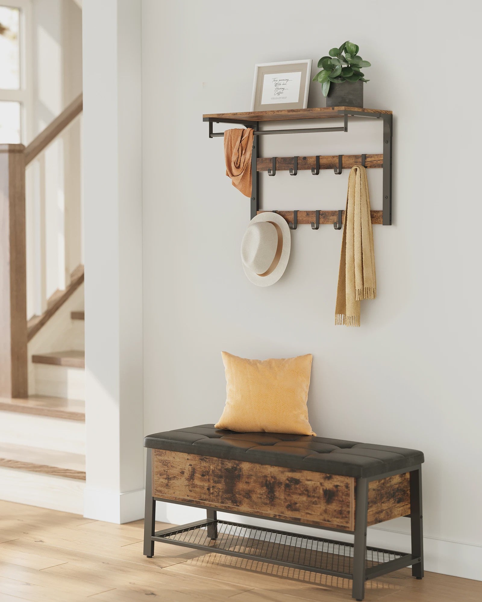 VASAGLE Wandkapstok met Plank en 10 Verstelbare Haken - Industrieel Design