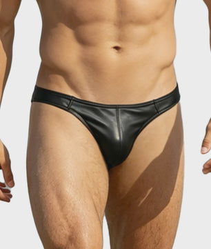 Heren Faux Leather Zwembroek Thong - Sexy Low Rise Bikini G-String