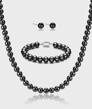 Elegante Zwarte Parel Sieradenset: Ketting, Armband & Oorbellen in Cadeaubox