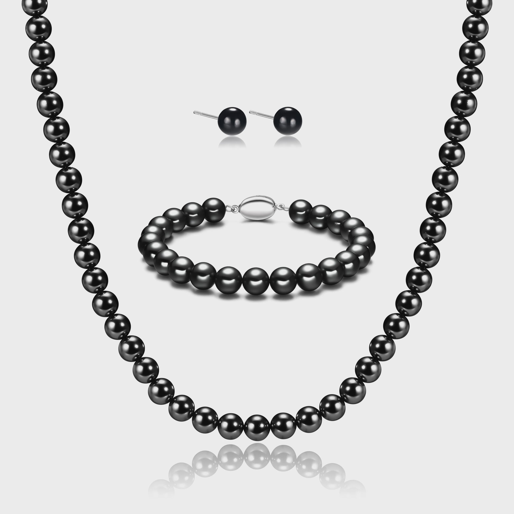 Elegante Zwarte Parel Sieradenset: Ketting, Armband & Oorbellen in Cadeaubox