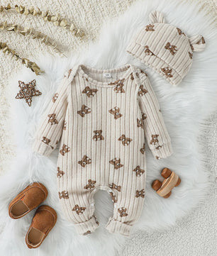 Unisex Baby Romper met Muts - Beige Beerprint - Lange Mouwen - 1-24 Maanden