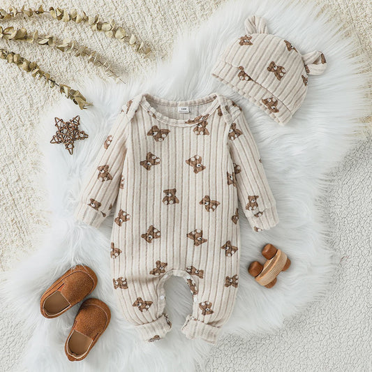 Unisex Baby Romper met Muts - Beige Beerprint - Lange Mouwen - 1-24 Maanden