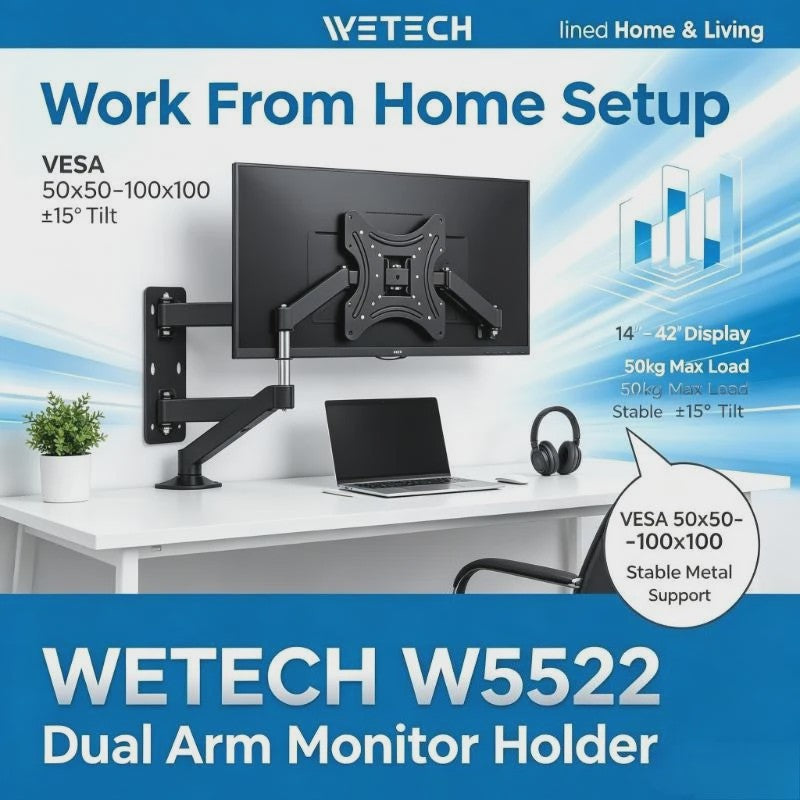 WETECH W5522 Universele Full Motion TV Muurbeugel met Dubbele Arm voor 14-42" Schermen, 50kg Draagvermogen, VESA 50-100mm
