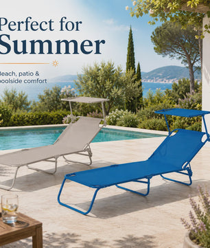 Opvouwbare Loungestoel 188cm met Verstelbare Rugleuning en Zonnekap - Blauw/Zand