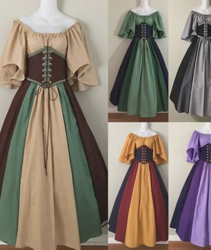 Middeleeuwse Retro Jurk met Contrastkleuren en Off-Shoulder Halslijn