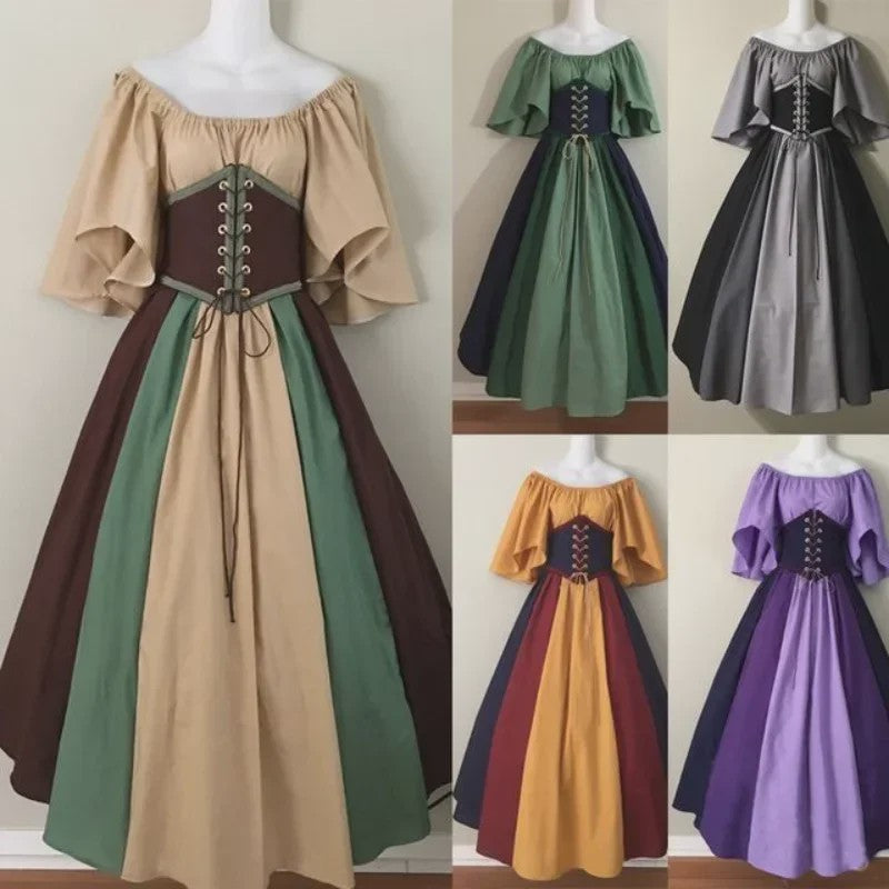 Middeleeuwse Retro Jurk met Contrastkleuren en Off-Shoulder Halslijn