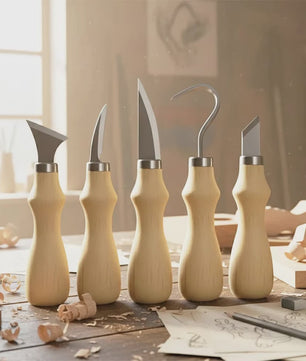 5-delige Houtsnijset met Beukenhouten Handvat - Scherpe Gereedschappen voor Kunst & Ambacht