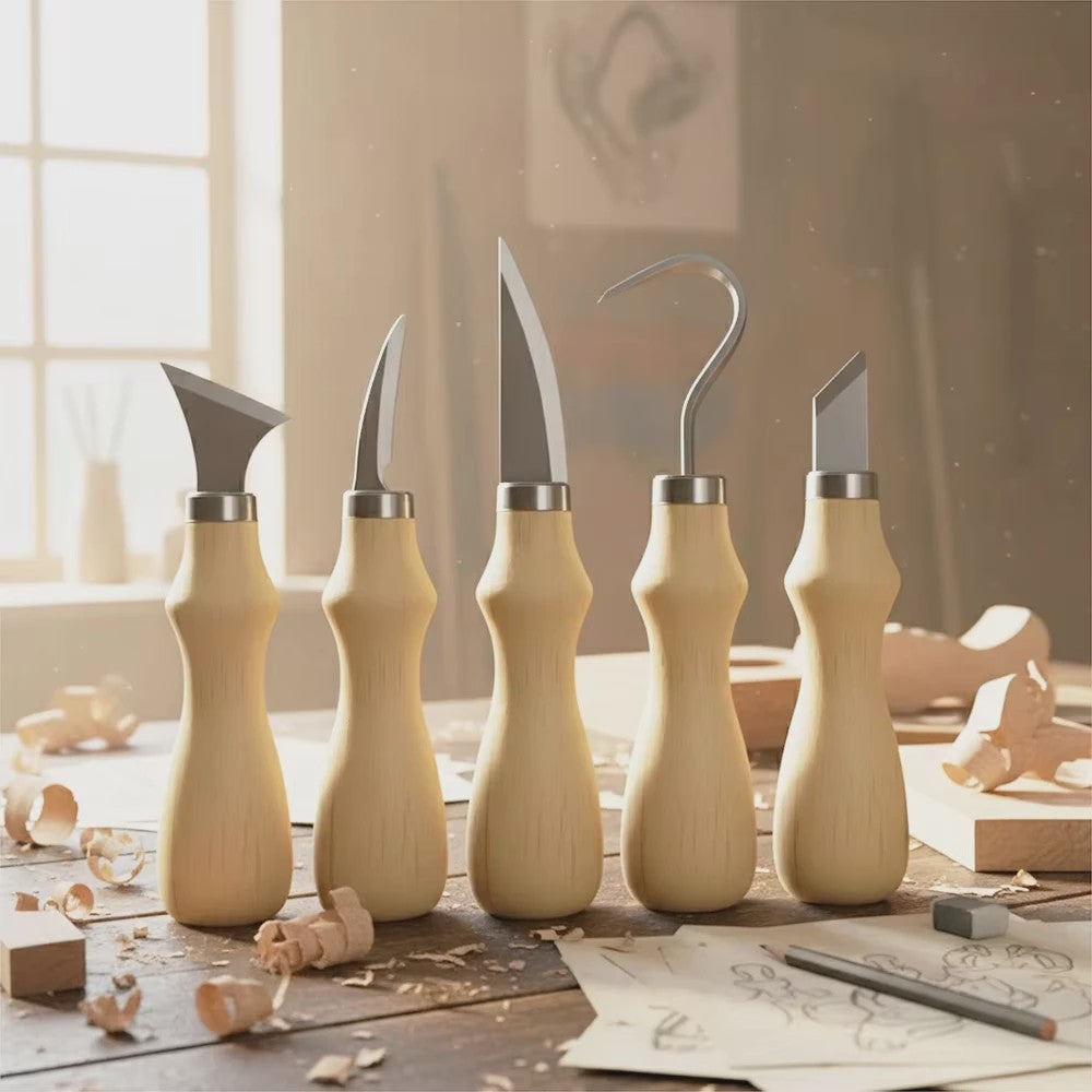 5-delige Houtsnijset met Beukenhouten Handvat - Scherpe Gereedschappen voor Kunst & Ambacht