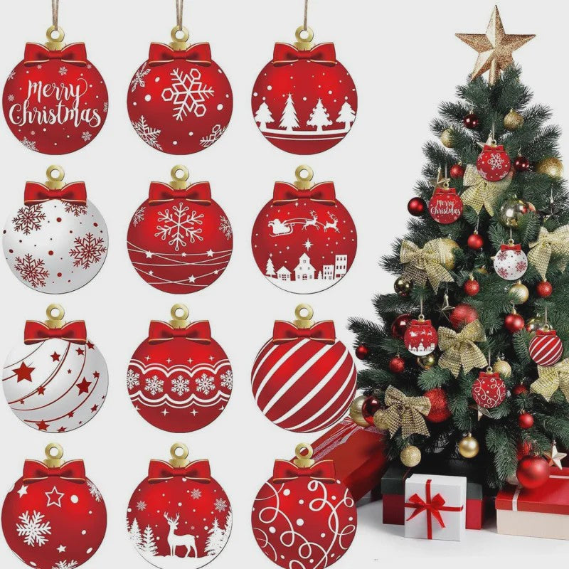 12x Houten Kerstballen Ornamenten Rood Wit - Feestelijke Winter Decoratie